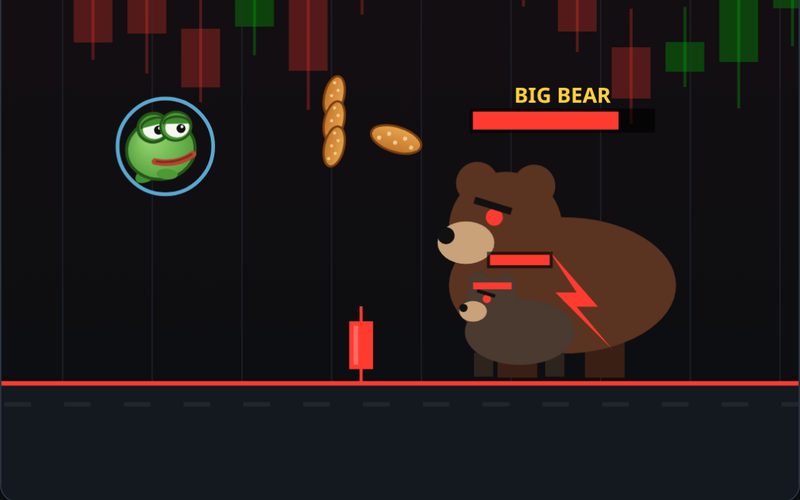 Bear Market Brawl gameplay: Pepe throwing tendies at the Big Bear boss