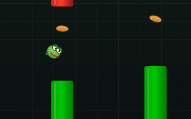 Pepe Pump gameplay: Pepe hopping between green and red candles